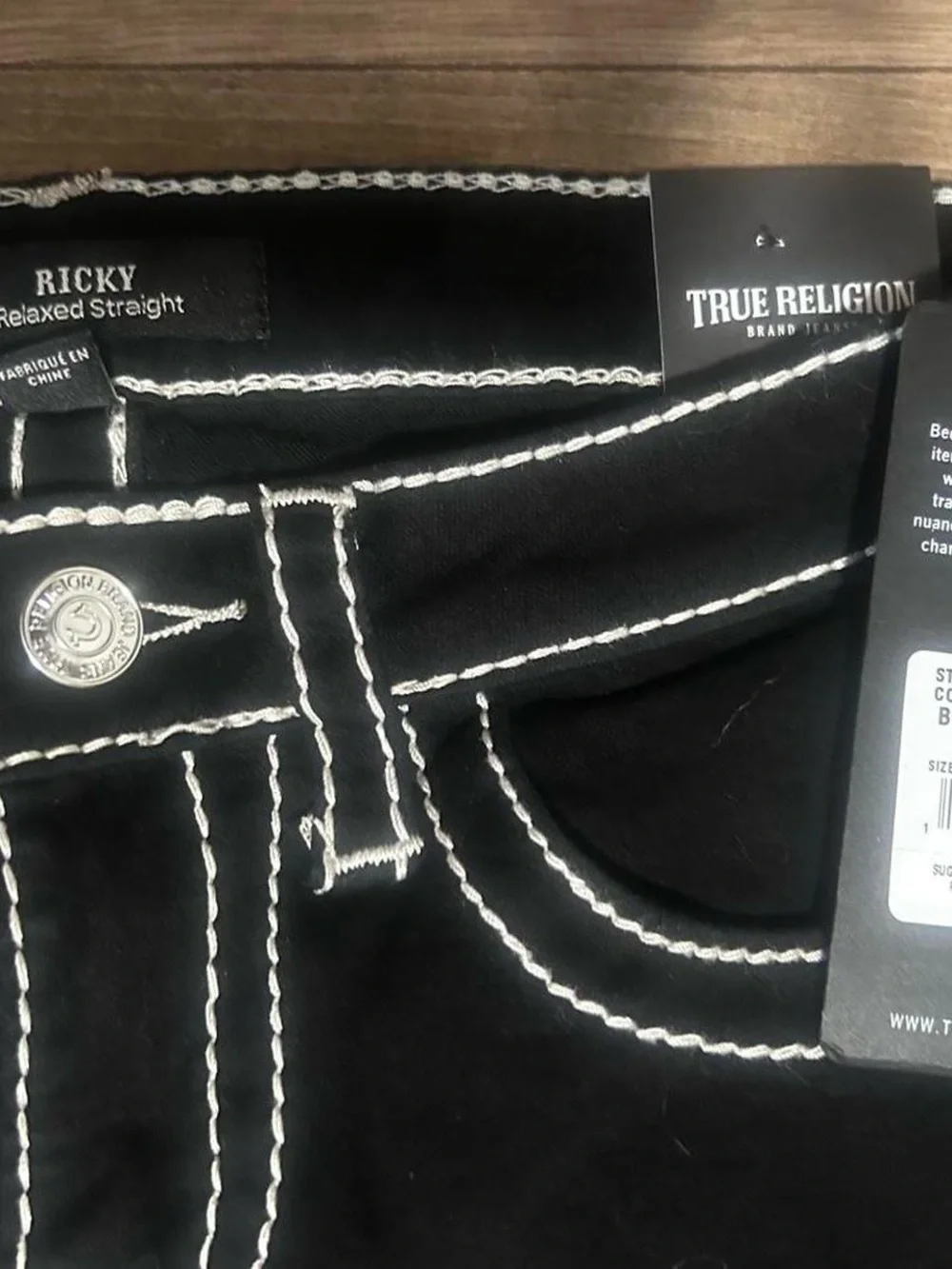 True Religion Black Straight Jeans with White Contrast Stitching
